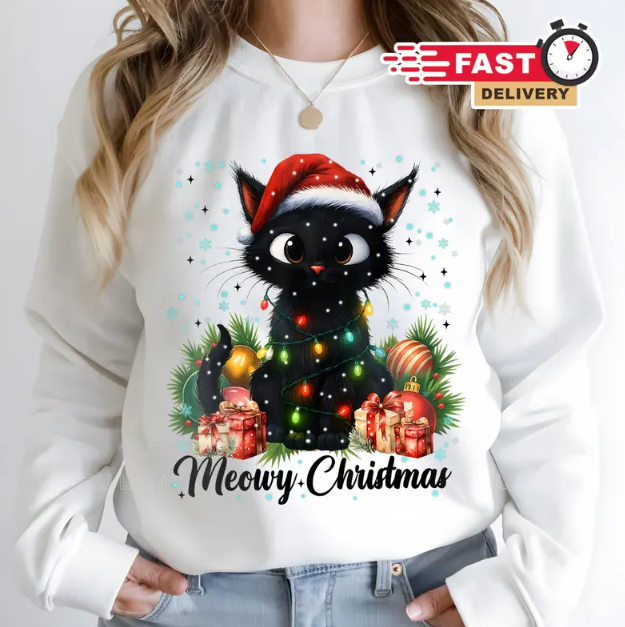 Meowy Christmas Cat Sweatshirt – Cute Holiday Pullover for Cat Lovers